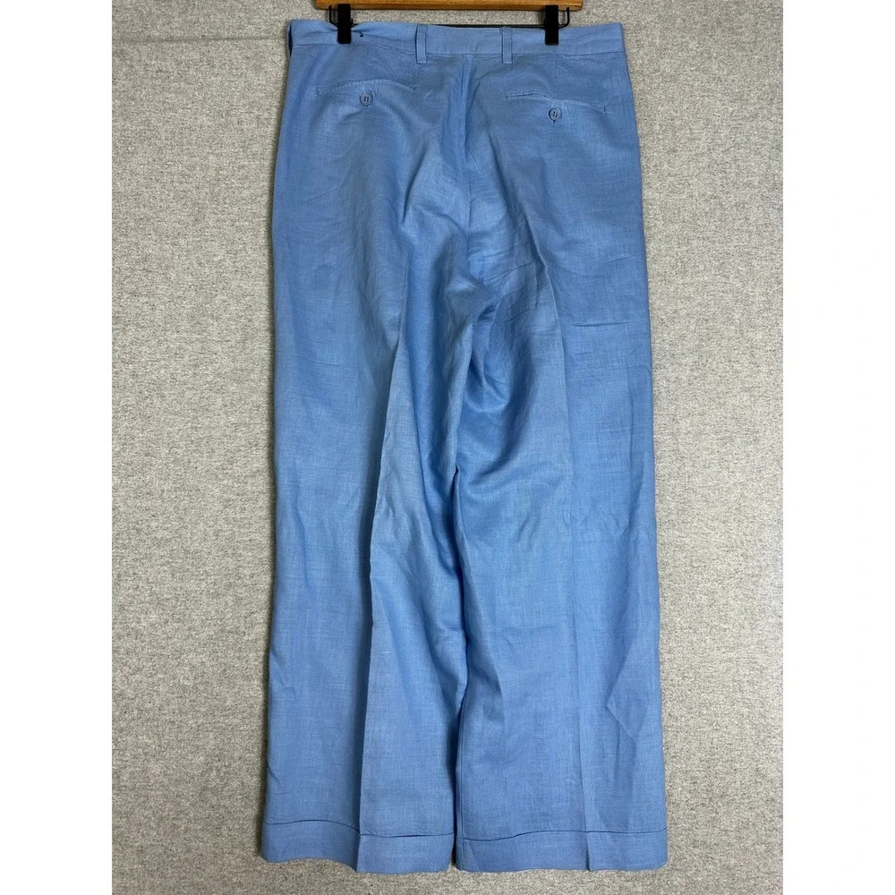 Domani Platinum Baggy Linen Trousers Mens 34 Blue Linen Cotton Pleated Cuffed